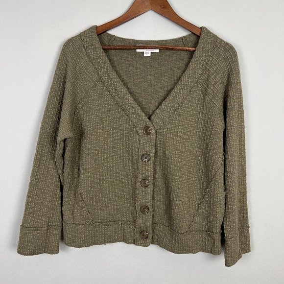 Two By‎ Vince Camuto Cardigan Sweater Women Large Green Buttons V-Neck Knit Crop - Picture 1 of 8